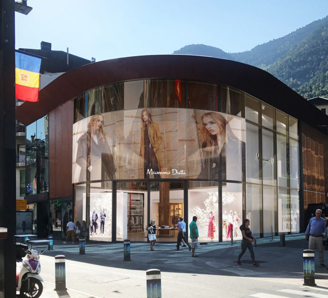 Fotomontaje 3d fachada tienda Andorra Massimo Dutti