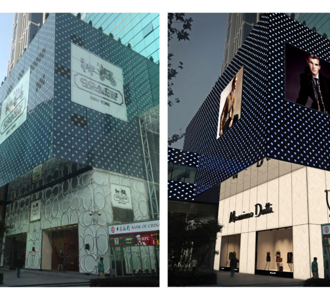Fotomontaje 3d fachada tienda Shanghai Plaza Massimo Dutti