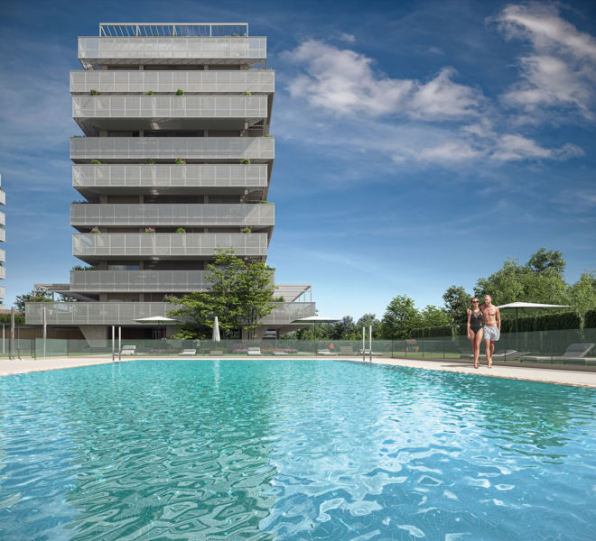 infografia 3d exterior residencial vista piscina