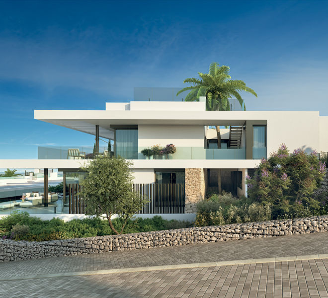 infografia 3d fachada lateral bloque residencial en Marbella