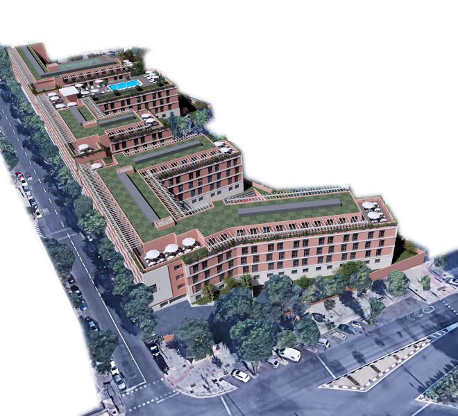 infografia 3d de la vista aerea de los alzados a calle de residencia de estudiantes