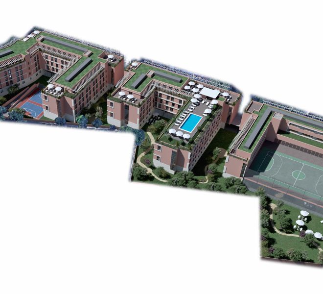 infografia 3d de la vista aerea de los alzados interiores de residencia de estudiantes