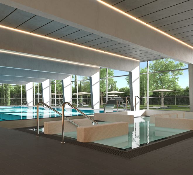 infografia 3d de la vista de la piscina cubierta y jacuzzi residencia de estudiantes