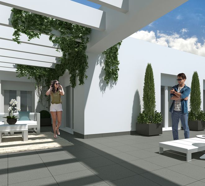 infografia 3d terraza de atico de nueva promoción en Badajoz